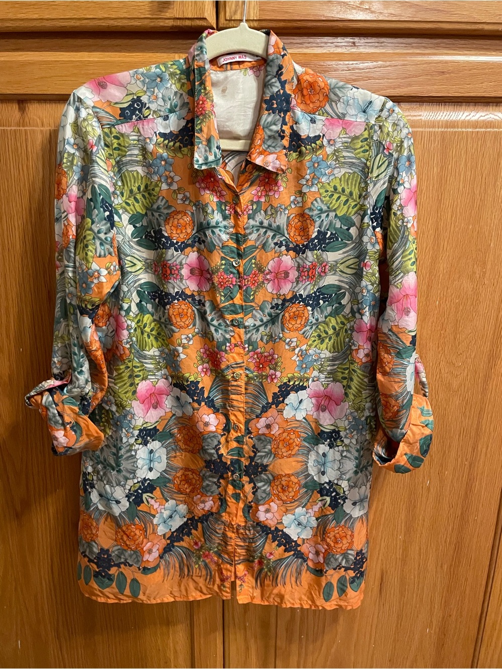 Johnny Was Small 100% Silk Button-Down Shirt Orange Floral Tropical Tunic